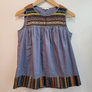 Pleione Chambray and Embroidered Sleeveless Blouse Size XS